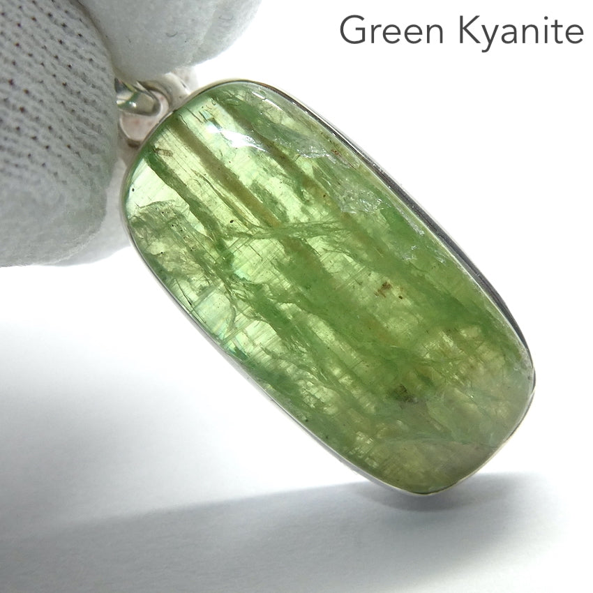 Kyanite Pendant | Gemmy Lime Green | 925 Sterling Silver | Besel Set | Open Back | Protectively redirects negative energy | Uplift unblock protect Heart | Creativity | Genuine Gems from Crystal Heart Melbourne Australia since 1986