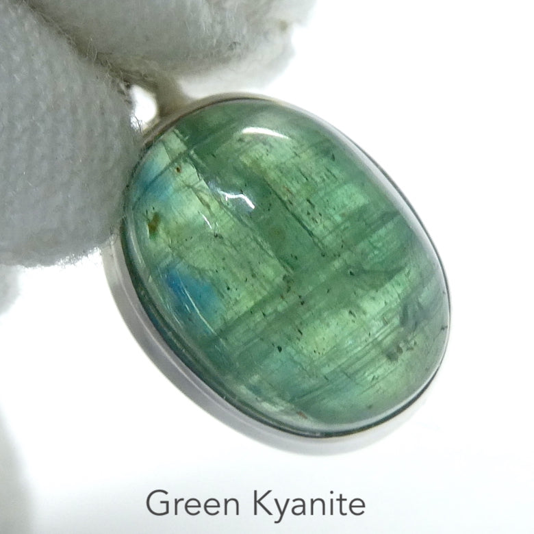 Green Kyanite Pendant | Gemmy Cabochon Oval | 925 Sterling Silver | Stepped Bezel setting | Open Back | Protectively redirects negative energy | Uplift unblock protect Heart | Creativity | Genuine Gems from Crystal Heart Melbourne Australia since 1986
