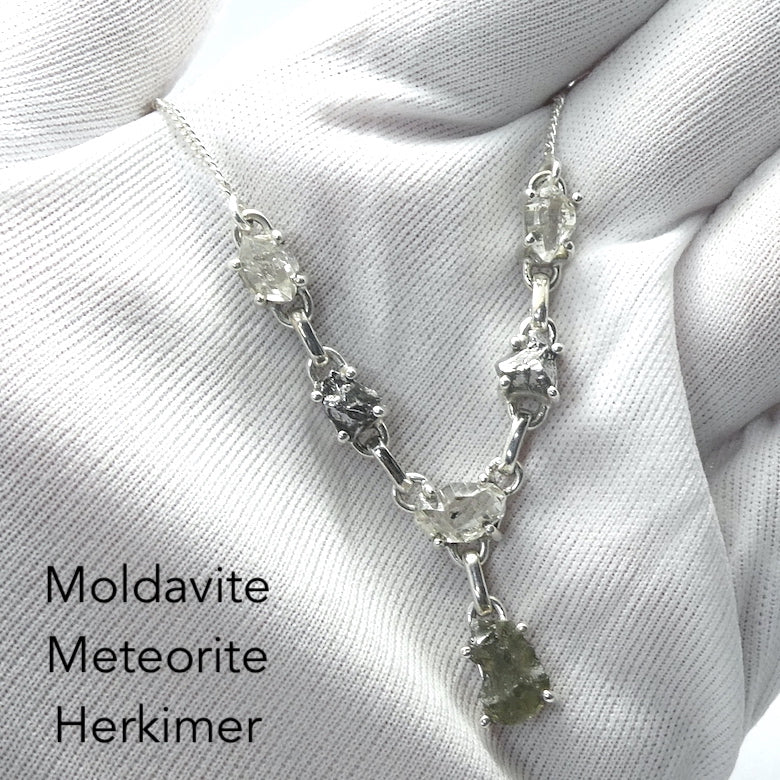 Moldavite Meteorite Herkimer Necklace \  Campo de Cielo | CZ | Natural Freeform Shapes | 925 Sterling Silver | Travel, Safety, Rugged Strength | Silent connected Meditation | Genuine Gems from Crystal Heart Australia since 1986