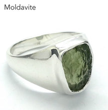 Load image into Gallery viewer, Raw Natural Moldavite Ring | 925 Sterling Silver | Bezel Set | Open back | US Size 6.5 | AUS Size M1/2 | Green Obsidian | CZ Republic | Intense Personal Heart Transformation | Scorpio Stone | Genuine Gems from Crystal Heart Melbourne Australia since 1986