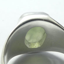 Load image into Gallery viewer, Raw Natural Moldavite Ring | 925 Sterling Silver | Bezel Set | Open back | US Size 6.5 | AUS Size M1/2 | Green Obsidian | CZ Republic | Intense Personal Heart Transformation | Scorpio Stone | Genuine Gems from Crystal Heart Melbourne Australia since 1986
