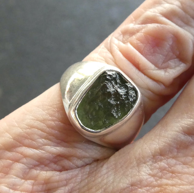 Raw Natural Moldavite Ring | 925 Sterling Silver | Bezel Set | Open back | US Size 6.5 | AUS Size M1/2 | Green Obsidian | CZ Republic | Intense Personal Heart Transformation | Scorpio Stone | Genuine Gems from Crystal Heart Melbourne Australia since 1986
