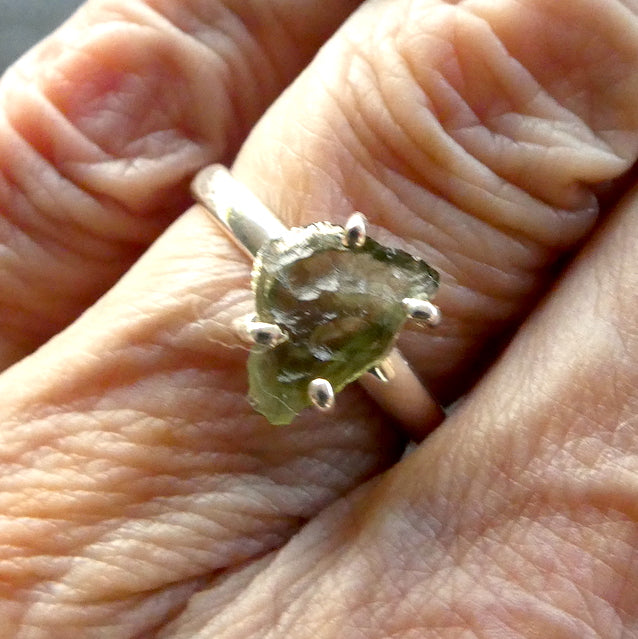 Raw Natural Moldavite Ring | 925 Sterling Silver | Bezel Set | Open back | US Size 8 | AUS Size P1/2 | Green Obsidian | CZ Republic | Intense Personal Heart Transformation | Scorpio Stone | Genuine Gems from Crystal Heart Melbourne Australia since 1986