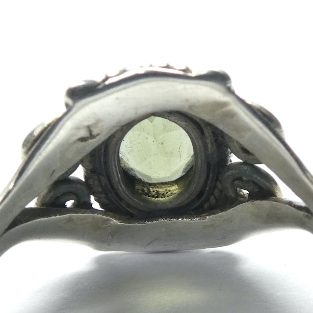 Raw Natural Moldavite Ring with faceted Moldavite outriders  | 925 Sterling Silver | Open back | US Size 6 | AUS Size L1/2 |  Green Obsidian |  CZ Republic | Intense Personal Heart Transformation | Scorpio Stone | Genuine Gems from Crystal Heart Melbourne Australia since 1986