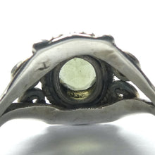Load image into Gallery viewer, Raw Natural Moldavite Ring with faceted Moldavite outriders  | 925 Sterling Silver | Open back | US Size 6 | AUS Size L1/2 |  Green Obsidian |  CZ Republic | Intense Personal Heart Transformation | Scorpio Stone | Genuine Gems from Crystal Heart Melbourne Australia since 1986