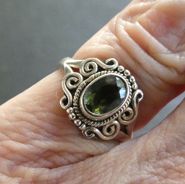 Raw Natural Moldavite Ring with faceted Moldavite outriders  | 925 Sterling Silver | Open back | US Size 6 | AUS Size L1/2 |  Green Obsidian |  CZ Republic | Intense Personal Heart Transformation | Scorpio Stone | Genuine Gems from Crystal Heart Melbourne Australia since 1986