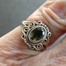 Load image into Gallery viewer, Raw Natural Moldavite Ring with faceted Moldavite outriders  | 925 Sterling Silver | Open back | US Size 6 | AUS Size L1/2 |  Green Obsidian |  CZ Republic | Intense Personal Heart Transformation | Scorpio Stone | Genuine Gems from Crystal Heart Melbourne Australia since 1986