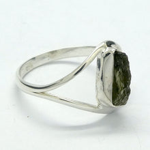 Load image into Gallery viewer, Raw Natural Moldavite Ring | 925 Sterling Silver | Bezel Set | Split Band | Open back | US Size 5 | Aus Size J1/2 | Green Obsidian | CZ Republic | Intense Personal Heart Transformation | Scorpio Stone | Genuine Gems from Crystal Heart Melbourne Australia since 1986