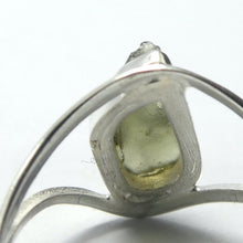 Load image into Gallery viewer, Raw Natural Moldavite Ring | 925 Sterling Silver | Bezel Set | Split Band | Open back | US Size 5 | Aus Size J1/2 | Green Obsidian | CZ Republic | Intense Personal Heart Transformation | Scorpio Stone | Genuine Gems from Crystal Heart Melbourne Australia since 1986