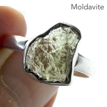 Load image into Gallery viewer, Raw Natural Moldavite Ring | 925 Sterling Silver | Bezel Set | Split Band | Open back | US Size 8.75 | Aus Size R | Green Obsidian | CZ Republic | Intense Personal Heart Transformation | Scorpio Stone | Genuine Gems from Crystal Heart Melbourne Australia since 1986