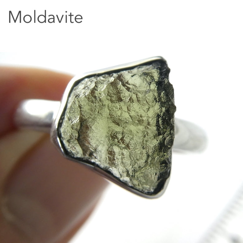 Raw Natural Moldavite Ring | 925 Sterling Silver | Bezel Set | Open back | US Size 9.5 | Aus Size S1/2 | Green Obsidian | CZ Republic | Intense Personal Heart Transformation | Scorpio Stone | Genuine Gems from Crystal Heart Melbourne Australia since 1986