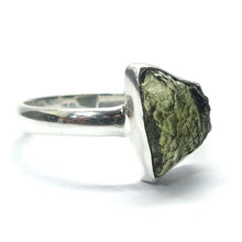 Load image into Gallery viewer, Raw Natural Moldavite Ring | 925 Sterling Silver | Bezel Set | Open back | US Size 9.5 | Aus Size S1/2 | Green Obsidian | CZ Republic | Intense Personal Heart Transformation | Scorpio Stone | Genuine Gems from Crystal Heart Melbourne Australia since 1986