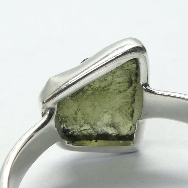 Raw Natural Moldavite Ring | 925 Sterling Silver | Bezel Set | Open back | US Size 9.5 | Aus Size S1/2 | Green Obsidian | CZ Republic | Intense Personal Heart Transformation | Scorpio Stone | Genuine Gems from Crystal Heart Melbourne Australia since 1986
