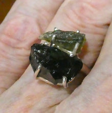 Load image into Gallery viewer, Moldavite and Noble Shungite Ring | Raw Nuggets | Claw Set | Open back | US Size 8 | AUS Size P1/2 | Green Obsidian |  CZ Republic | Intense Personal Heart Transformation | Shungite Healing | Scorpio Stone | Genuine Gems from Crystal Heart Melbourne Australia since 1986