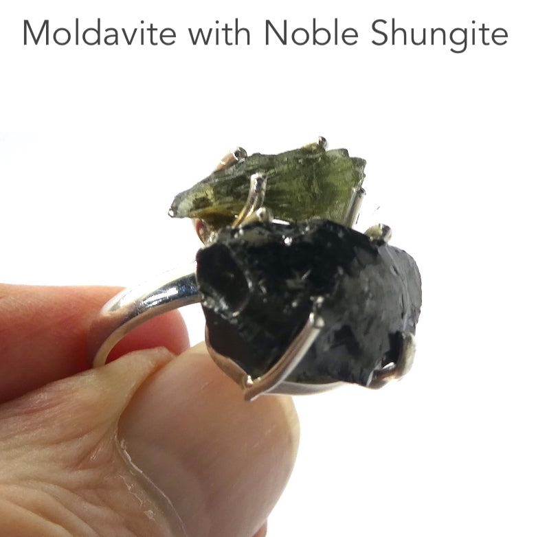 Moldavite and Noble Shungite Ring | Raw Nuggets | Claw Set | Open back | US Size 8 | AUS Size P1/2 | Green Obsidian |  CZ Republic | Intense Personal Heart Transformation | Shungite Healing | Scorpio Stone | Genuine Gems from Crystal Heart Melbourne Australia since 1986