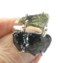 Load image into Gallery viewer, Moldavite and Noble Shungite Ring | Raw Nuggets | Claw Set | Open back | US Size 8 | AUS Size P1/2 | Green Obsidian |  CZ Republic | Intense Personal Heart Transformation | Shungite Healing | Scorpio Stone | Genuine Gems from Crystal Heart Melbourne Australia since 1986
