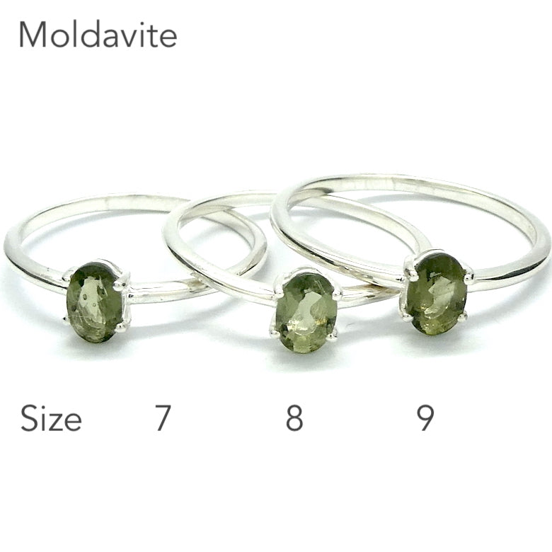 Moldavite Ring | Faceted Oval | Dainty Solitaire Style |  925 Sterling Silver | Open back | US Size 7 | 8 | 9 | Green Obsidian |  CZ Republic | Intense Personal Heart Transformation | Scorpio Stone | Genuine Gems from Crystal Heart Melbourne Australia since 1986
