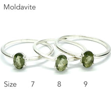 Load image into Gallery viewer, Moldavite Ring | Faceted Oval | Dainty Solitaire Style |  925 Sterling Silver | Open back | US Size 7 | 8 | 9 | Green Obsidian |  CZ Republic | Intense Personal Heart Transformation | Scorpio Stone | Genuine Gems from Crystal Heart Melbourne Australia since 1986