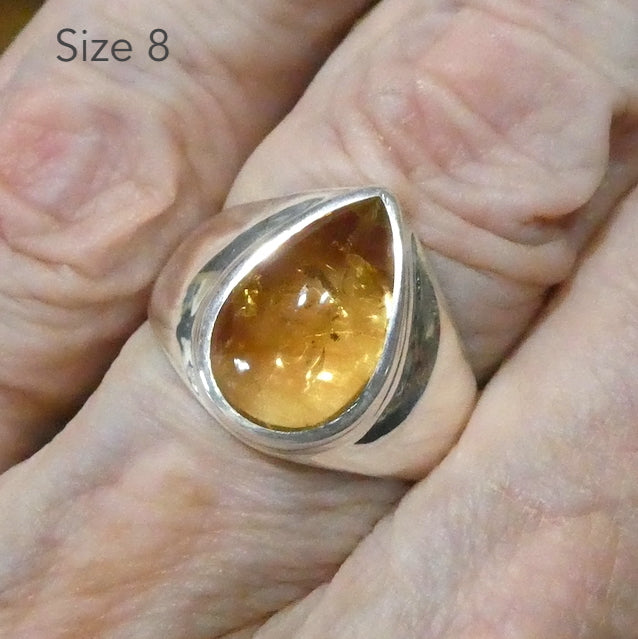 Citrine Ring Cabochon Teardrop, 925 Silver, US Size 8 or 9, r2