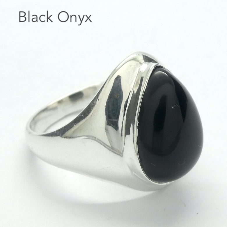 Black Onyx Ring | Solid 925 Sterling Silver Setting | Teardrop  cabochon | Mens Signet Style | US Size 7 | AUS Size N1/2 | Personally Empowering | Genuine Gems from Crystal Heart Melbourne Australia since 1986
