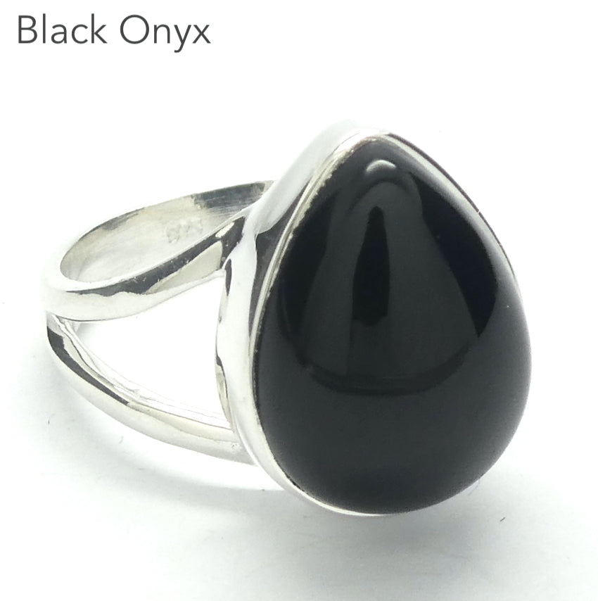 Black Onyx Ring | Solid 925 Sterling Silver Setting | Teardrop  cabochon | Mens Signet Style | US Size 76.5 | AUS Size M1/2 | Personally Empowering | Genuine Gems from Crystal Heart Melbourne Australia since 1986