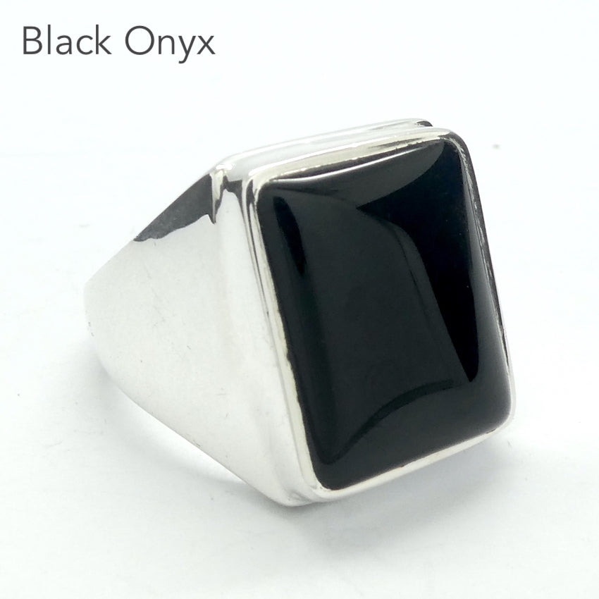  Black Onyx Ring | 925 Sterling Silver Setting  | Oblong cabochon | US Size 9.5 | Personally Empowering | Genuine Gems from Crystal Heart Melbourne Australia since 1986