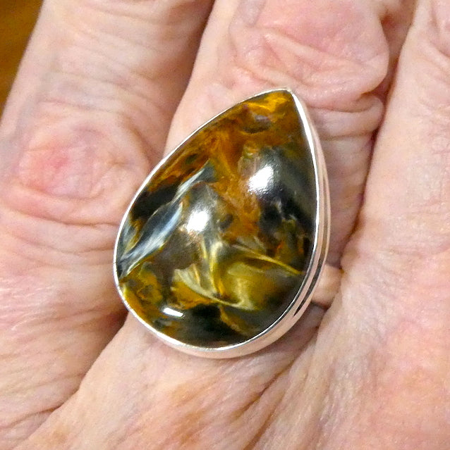 Pietersite Ring | Teardrop Cabochon | 925 Sterling Silver | US Size 8.5 | AUS, UK Size Q1/2 | Quality handcrafted | Blue and Gold Swirls | strength flexibility creativity determination | Genuine Gems from Crystal Heart Melbourne Australia since 1986