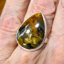 Load image into Gallery viewer, Pietersite Ring | Teardrop Cabochon | 925 Sterling Silver | US Size 8.5 | AUS, UK Size Q1/2 | Quality handcrafted | Blue and Gold Swirls | strength flexibility creativity determination | Genuine Gems from Crystal Heart Melbourne Australia since 1986
