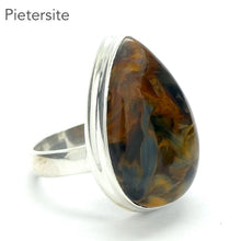 Load image into Gallery viewer, Pietersite Ring | Teardrop Cabochon | 925 Sterling Silver | US Size 8.5 | AUS, UK Size Q1/2 | Quality handcrafted | Blue and Gold Swirls | strength flexibility creativity determination | Genuine Gems from Crystal Heart Melbourne Australia since 1986