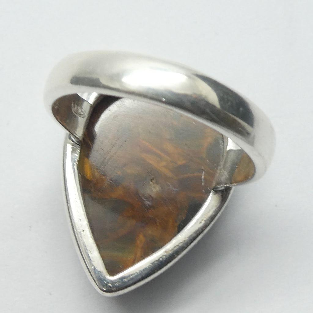 Pietersite Ring | Teardrop Cabochon | 925 Sterling Silver | US Size 8.5 | AUS, UK Size Q1/2 | Quality handcrafted | Blue and Gold Swirls | strength flexibility creativity determination | Genuine Gems from Crystal Heart Melbourne Australia since 1986
