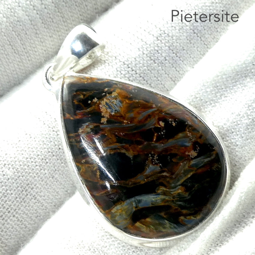 Pietersite Pendant | Teardrop Cabochon | 925 Sterling Silver | Quality handcrafted | Blue and Gold Swirls | strength flexibility creativity determination | Genuine Gems from Crystal Heart Melbourne Australia since 1986