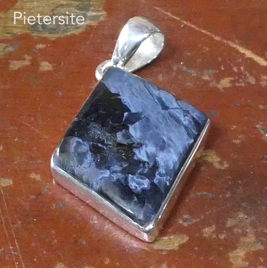 Pietersite Pendant | Diamond Shape Cabochon | 925 Sterling Silver | Quality handcrafted | Blue and Black Swirls | strength flexibility creativity determination | Genuine Gems from Crystal Heart Melbourne Australia since 1986