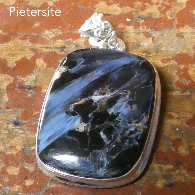 Pietersite Pendant | Large Oblong Cabochon | 925 Sterling Silver | Quality handcrafted | Blue and Gold Swirls | strength flexibility creativity determination | Genuine Gems from Crystal Heart Melbourne Australia since 1986