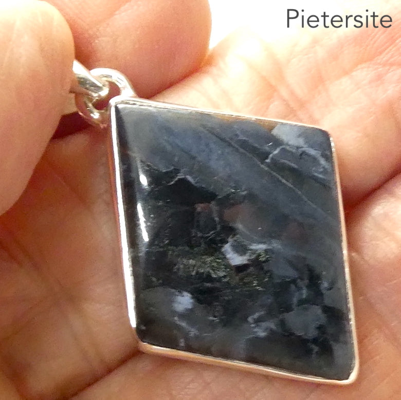 Pietersite Pendant | Diamond Shape Cabochon | 925 Sterling Silver | Quality handcrafted | Blue and Black Swirls | strength flexibility creativity determination | Genuine Gems from Crystal Heart Melbourne Australia since 1986
