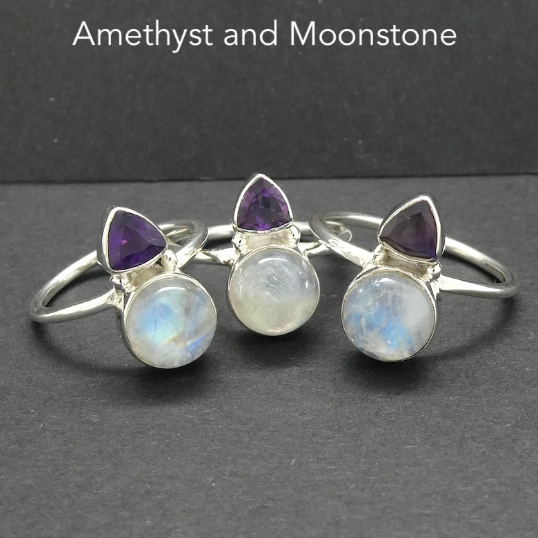 Amethyst Moonstone Ring | Round Rainbow Moonstone and Faceted amethyst Triangle |Good Color and Clarity | 925 Sterling Silver | US Size 5,6,7,8 | Genuine Gems from Crystal Heart Melbourne Australia since 1986
