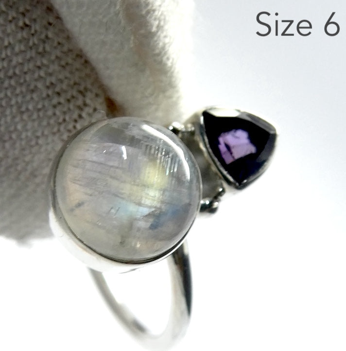 Amethyst Moonstone Ring | Round Rainbow Moonstone and Faceted amethyst Triangle |Good Color and Clarity | 925 Sterling Silver | US Size 5,6,7,8 | Genuine Gems from Crystal Heart Melbourne Australia since 1986