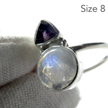 Load image into Gallery viewer, Amethyst Moonstone Ring | Round Rainbow Moonstone and Faceted amethyst Triangle |Good Color and Clarity | 925 Sterling Silver | US Size 5,6,7,8 | Genuine Gems from Crystal Heart Melbourne Australia since 1986