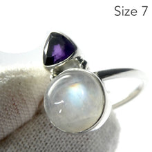 Load image into Gallery viewer, Amethyst Moonstone Ring | Round Rainbow Moonstone and Faceted amethyst Triangle |Good Color and Clarity | 925 Sterling Silver | US Size 5,6,7,8 | Genuine Gems from Crystal Heart Melbourne Australia since 1986