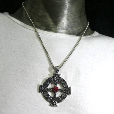 Traditional Celtic Cross Pendant | Solid 925 Sterling Silver | Rose hand carved from natural coral | Rosicrucian | Genuine Gems from Crystal Heart Melbourne since 1986