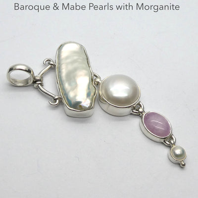 Baroque Pearl Pendant with Mabe and Morganite | 925 Sterling Silver | Lovely Lustre | Bezel set with open back | Genuine Gems from Crystal Heart Melbourne Australia since 1986