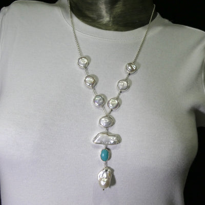 Freshwater Baroque Pearl Necklace | 925 Sterling Silver | Lovely Lustre | 7 Coin Pearls | Baroque Pearl Hanger | Amazonite | | Genuine Gems from Crystal Heart Melbourne Australia since 1986