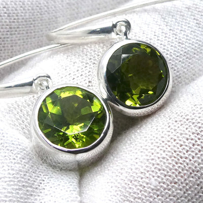 Peridot Earrings | Faceted Round | 925 Sterling Silver | Bezel Set, Designer Hooks |Joyful Heart Prosperity | Genuine Gems Crystal Heart Australia since 1986