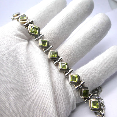 Peridot Bracelet | Thirteen Faceted Squares | 925 Sterling Silver | Bezel Set | Open Backs | Adjustable length | Crystal Heart Melbourne Australia since 1986