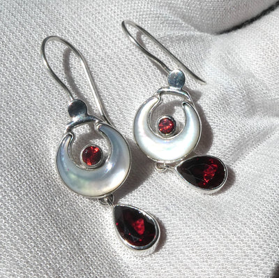 Earrings Mother of Pearl Crescent Moon | Faceted AAA Garnet Teardrops | Hooks | 925 Sterling Silver |Genuine Gems from Crystal Heart Melbourne Australia 1986