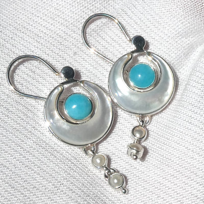 Earrings Mother of Pearl Crescent Moon with Amazonite and Freshwater Pearls | 925 Sterling Silver | Genuine Gems from Crystal Heart Melbourne Australia 1986