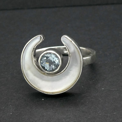 Mother of Pearl Crescent Moon with Blue Topaz |US  Ring Size  | AUS Size N1/2 | 925 Sterling Silver | Genuine Gems from Crystal Heart Melbourne Australia 1986
