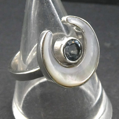 Mother of Pearl Crescent Moon with Blue Topaz |US  Ring Size  | AUS Size N1/2 | 925 Sterling Silver | Genuine Gems from Crystal Heart Melbourne Australia 1986