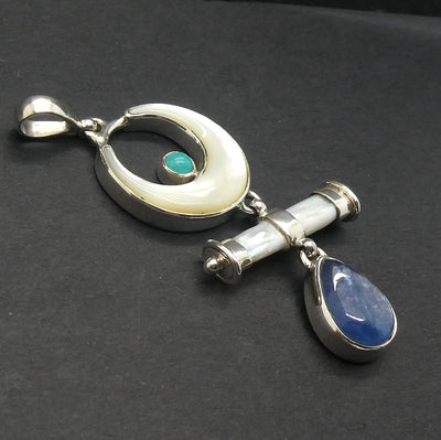 Mother of Pearl Crescent Moon Pendant with Blue Kyanite and Biwa Pearl | 925 Sterling Silver | Genuine Gems from Crystal Heart Melbourne Australia 1986