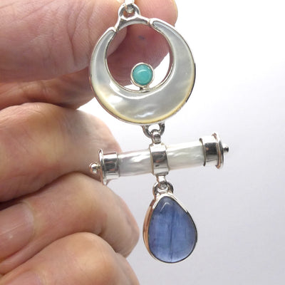 Mother of Pearl Crescent Moon Pendant with Blue Kyanite and Biwa Pearl | 925 Sterling Silver | Genuine Gems from Crystal Heart Melbourne Australia 1986