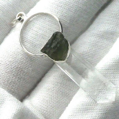 Raw Moldavite Nugget Pendant On Clear Quartz Point | 925 Sterling Silver | Genuine Gems from Crystal Heart Melbourne Australia since 1986